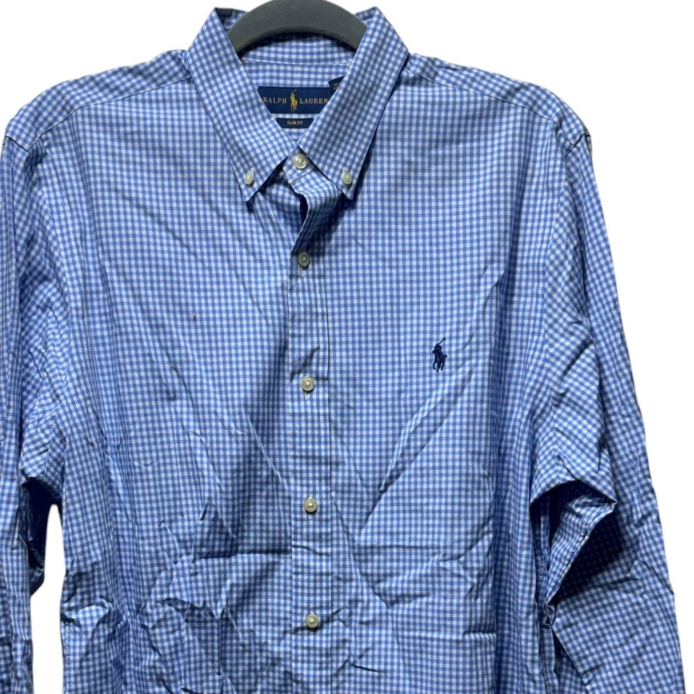 Polo Ralph Lauren Mens Slim Fit Gingham Check Poplin Shirt Blue Large L Pony